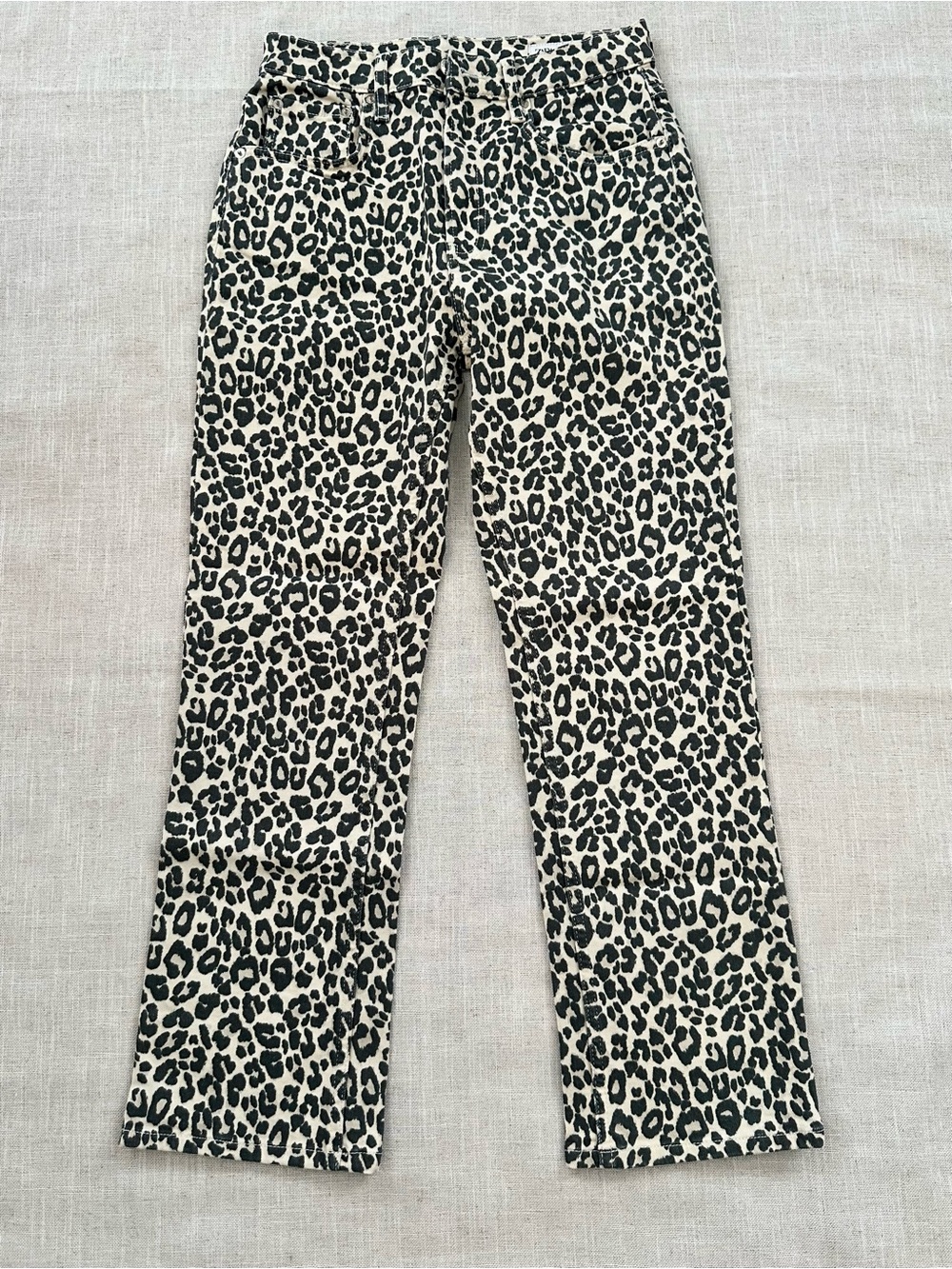 Zara Leopard Print Straight Leg Jeans Size 4 Black Cream High Rise Animal Print